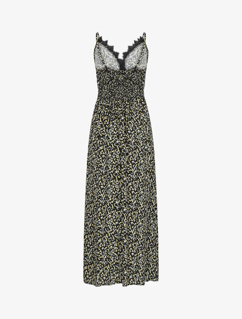 Robe longue à fleurs graphiques et à fines broderies - Noir