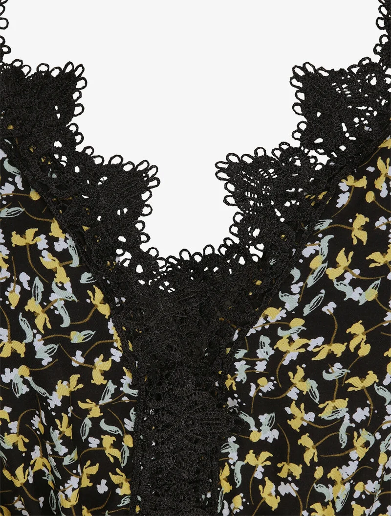 Robe longue à fleurs graphiques et à fines broderies - Noir