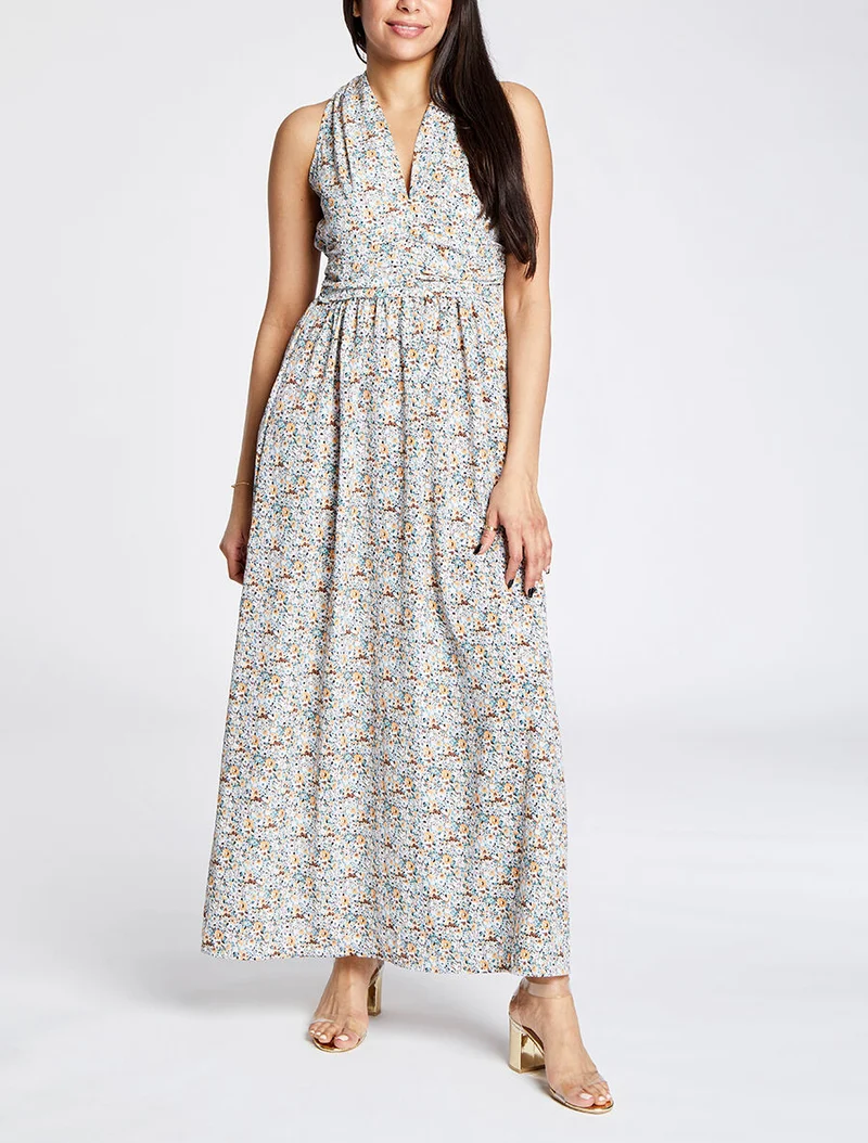 Robe longue à imprimé fleurs du printemps - Vert d'eau