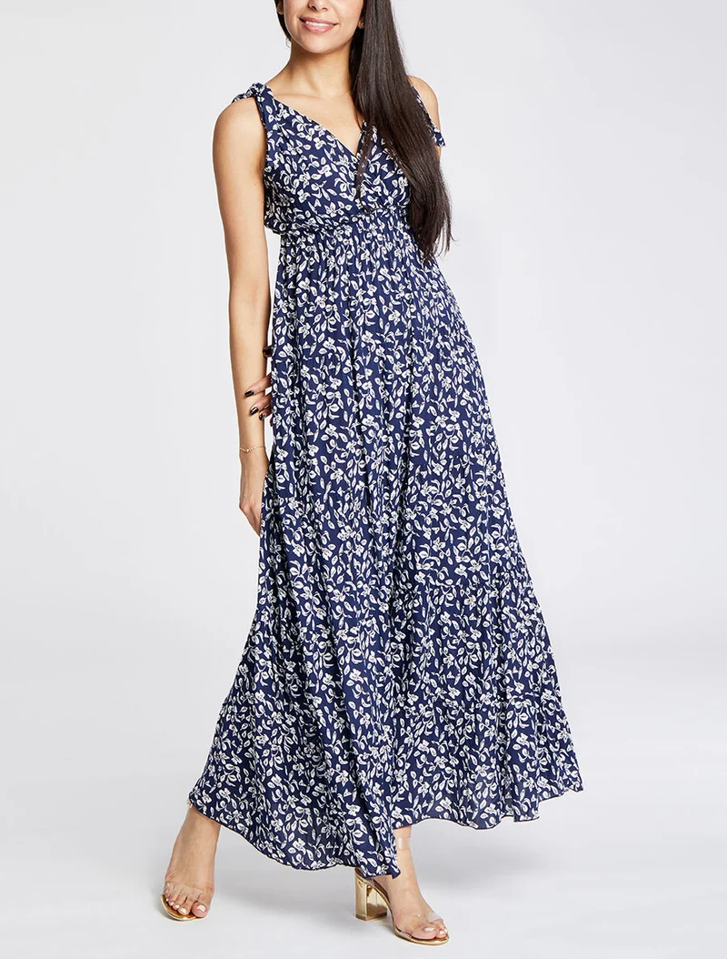 Robe longue à imprimé feuillage - Marine