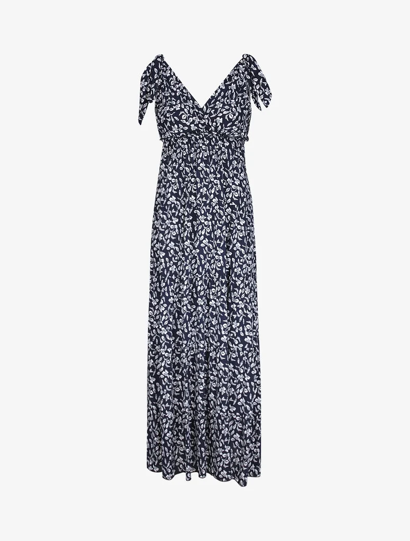 Robe longue à imprimé feuillage - Marine