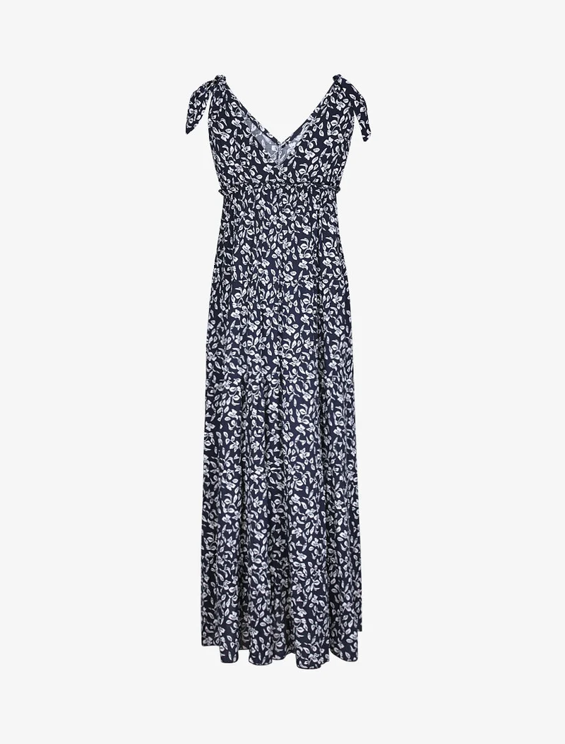 Robe longue à imprimé feuillage - Marine