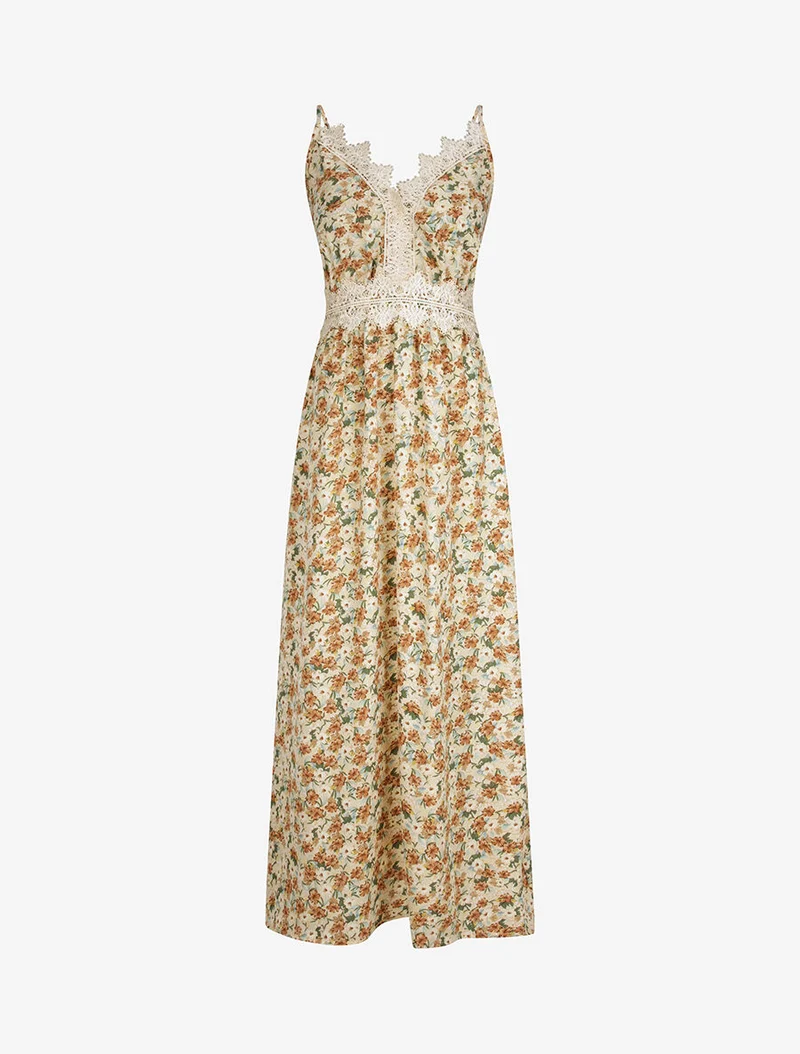 Robe longue fleurie et à fines broderies - Beige