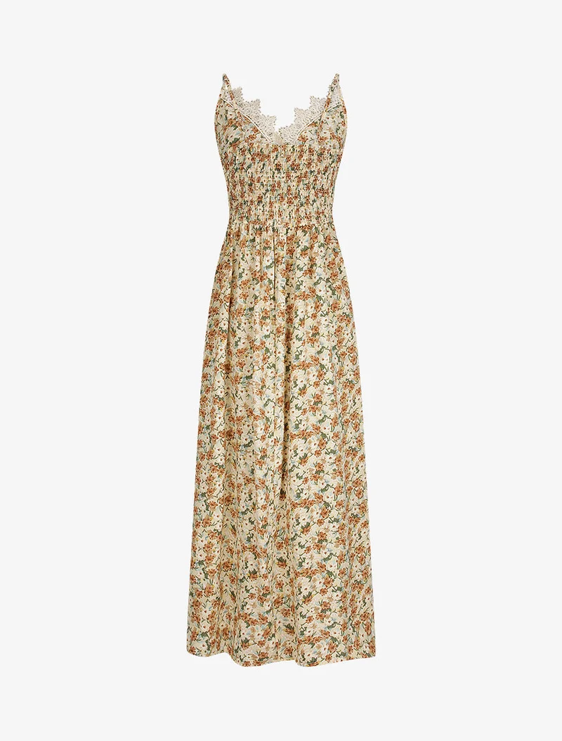 Robe longue fleurie et à fines broderies - Beige