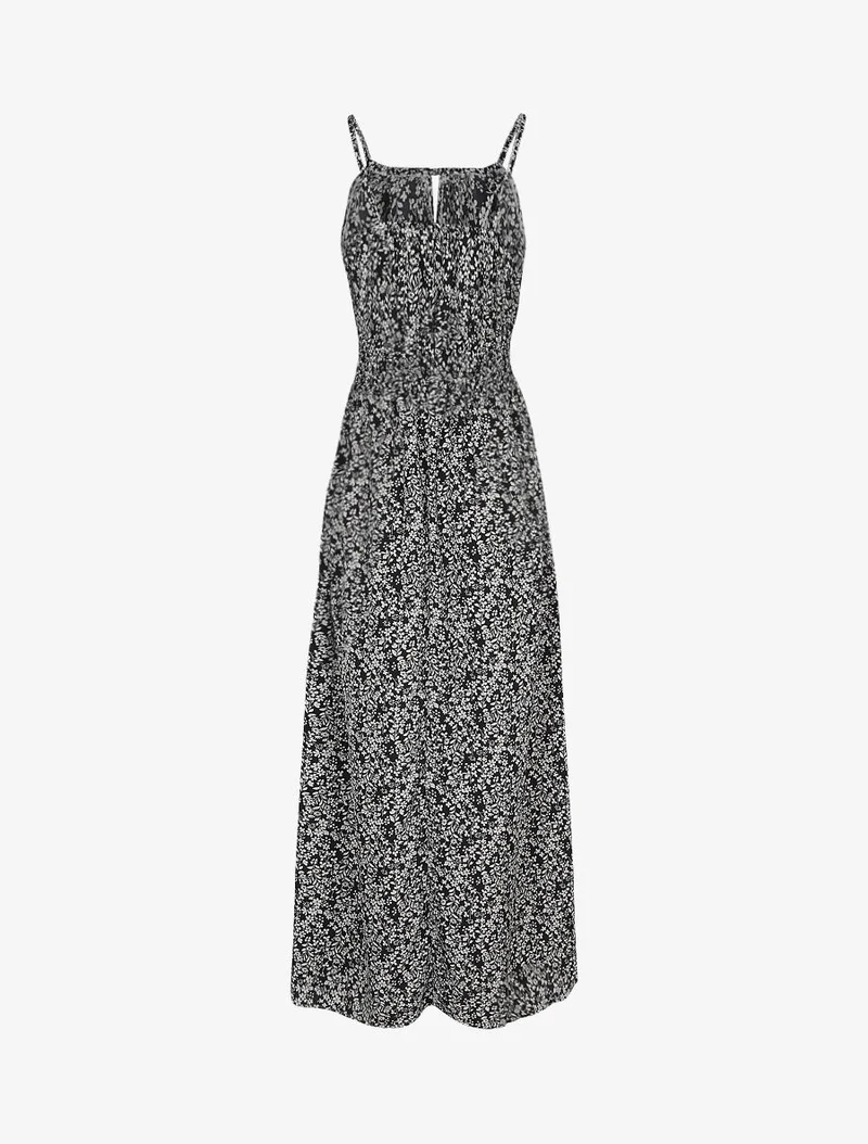 Robe longue à motifs fleuris et taille brodée - Noir