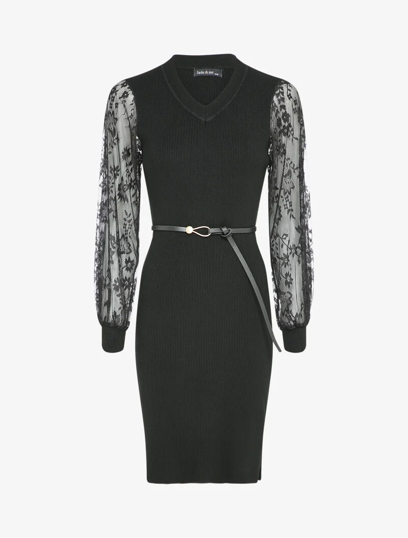 Robe côtelée à manches en dentelle fleurie - Noir