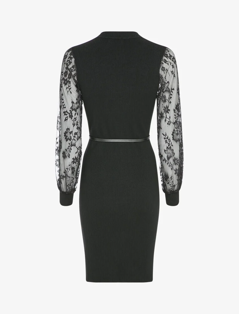 Robe côtelée à manches en dentelle fleurie - Noir