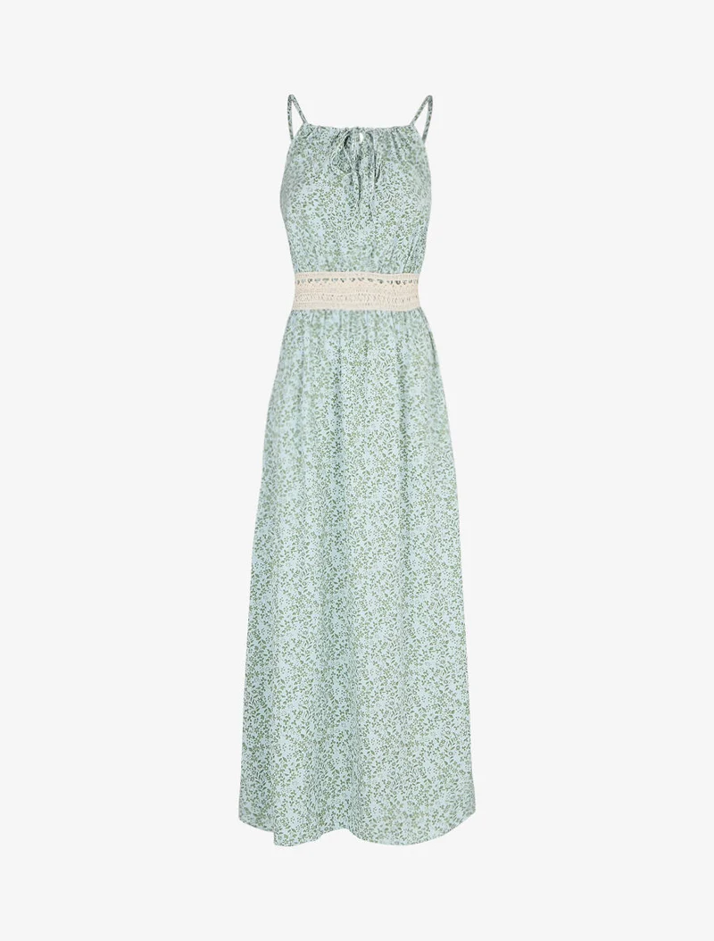 Robe longue à motifs fleuris et taille brodée - Bleu ciel