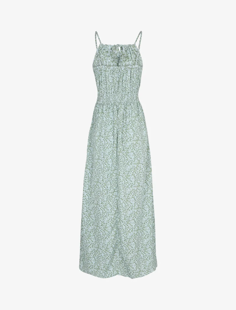 Robe longue à motifs fleuris et taille brodée - Bleu ciel