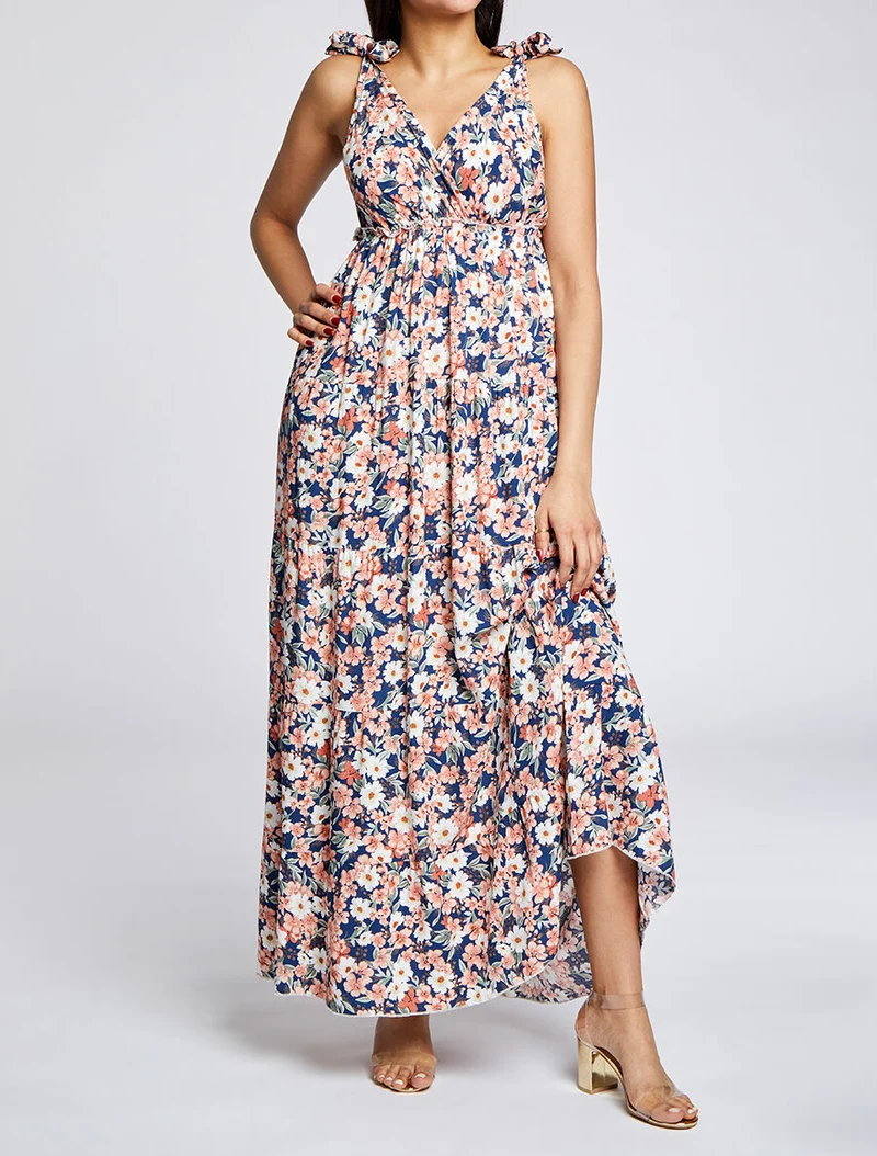 Robe longue à imprimé fleuri - Marine