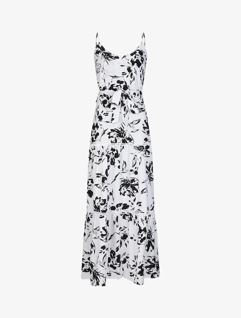 Robe longue patineuse imprimé fleurs contrastantes - Blanc