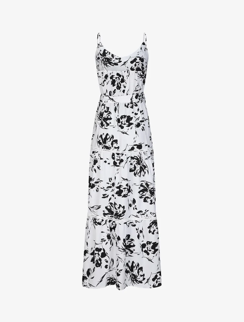 Robe longue patineuse imprimé fleurs contrastantes - Blanc