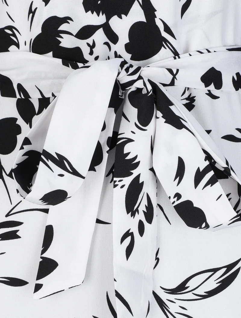Robe longue patineuse imprimé fleurs contrastantes - Blanc