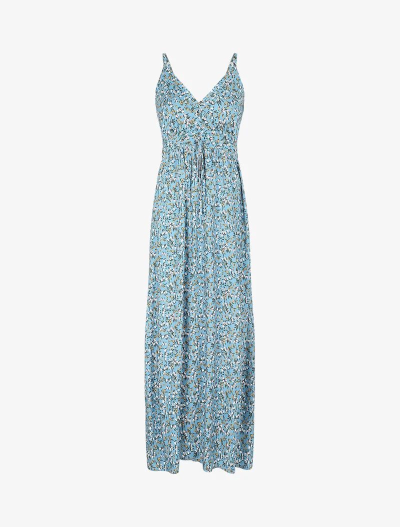 Robe longue cintrée imprimée petites fleurs printanières - Turquoise