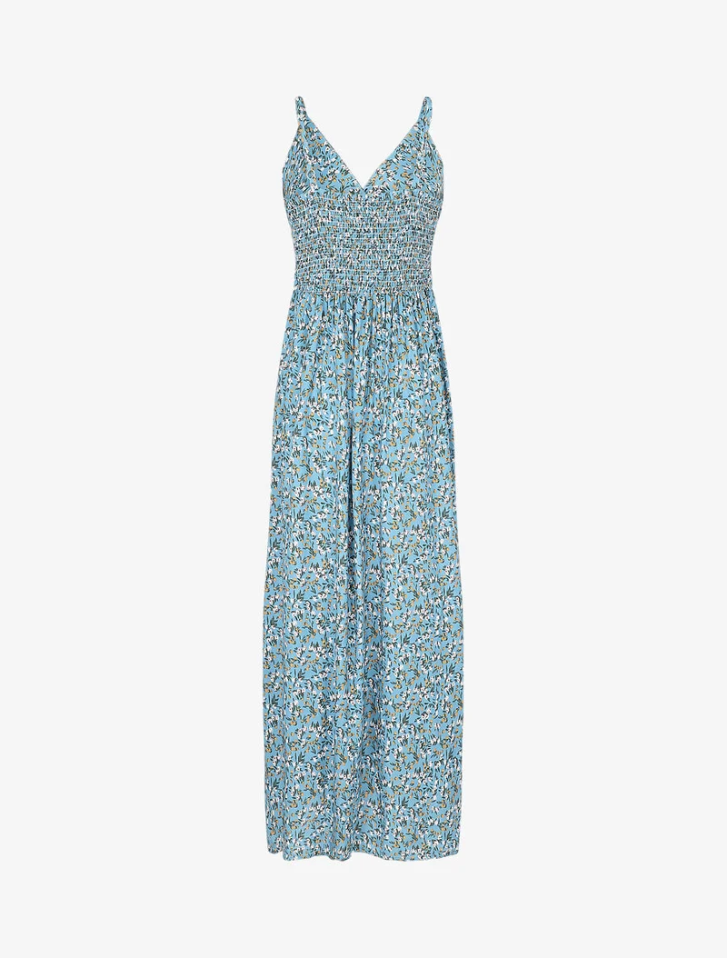 Robe longue cintrée imprimée petites fleurs printanières - Turquoise