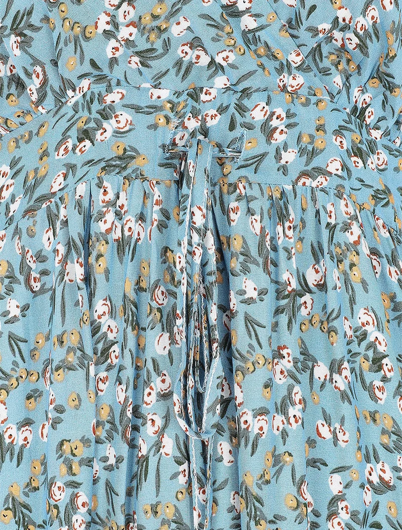 Robe longue cintrée imprimée petites fleurs printanières - Turquoise