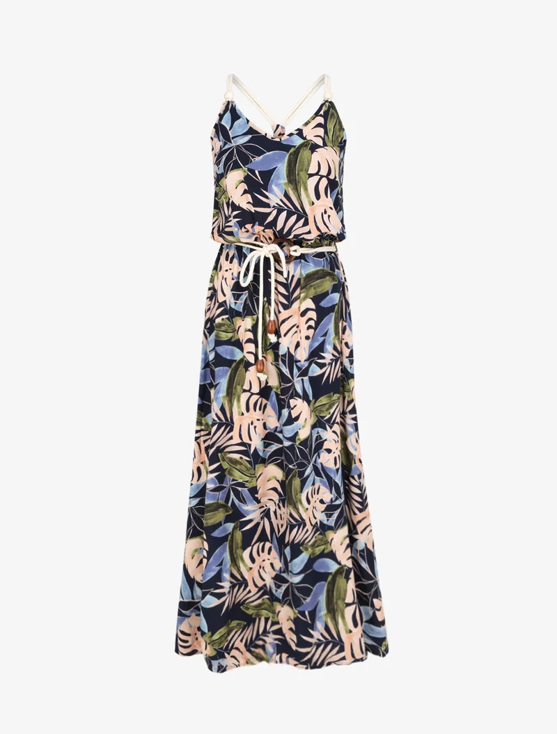 Robe longue imprimé feuilles tropicales à bretelles en cordelettes - Marine