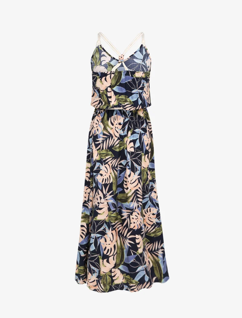 Robe longue imprimé feuilles tropicales à bretelles en cordelettes - Marine