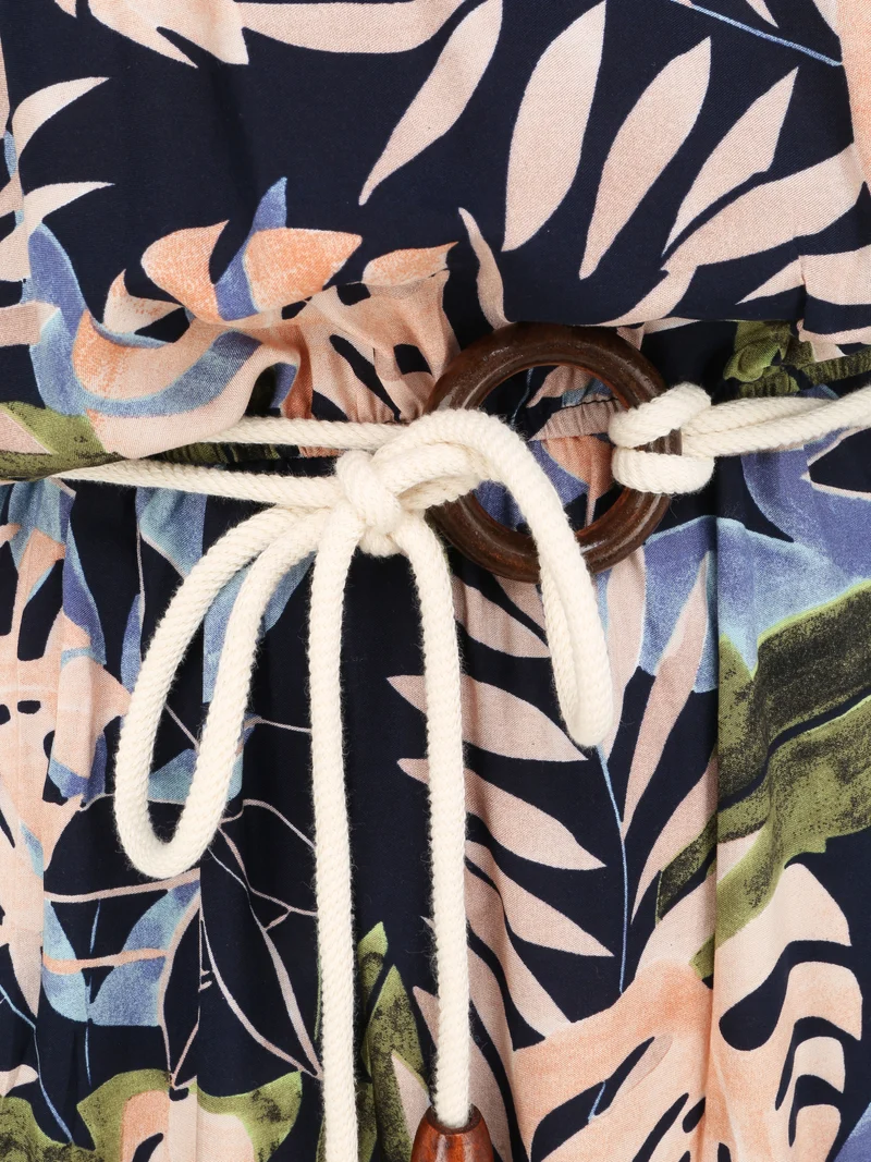Robe longue imprimé feuilles tropicales à bretelles en cordelettes - Marine