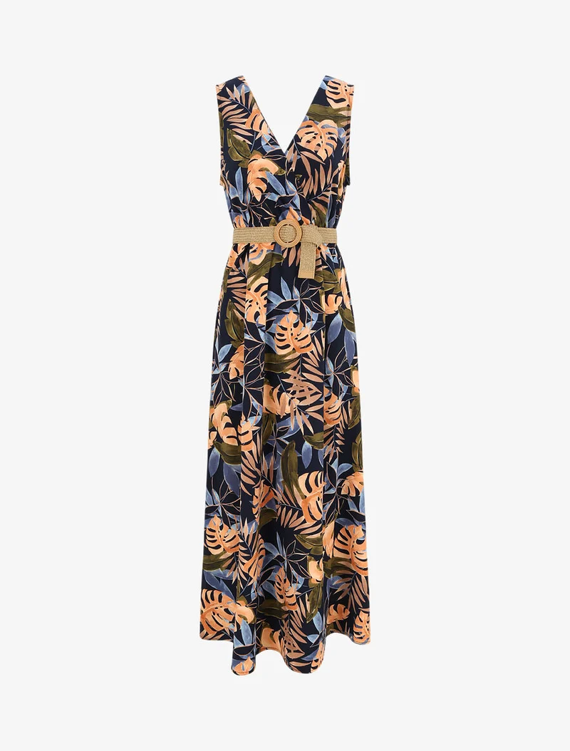 Robe longue empire sans manches imprimé tropical - Marine
