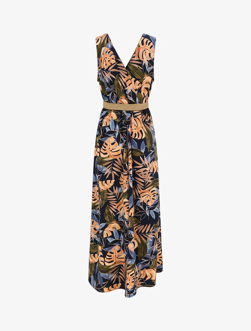 Robe longue empire sans manches imprimé tropical - Marine