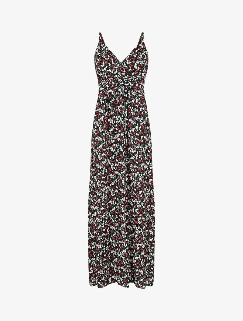 Robe longue cintrée imprimée petites fleurs printanières - Noir