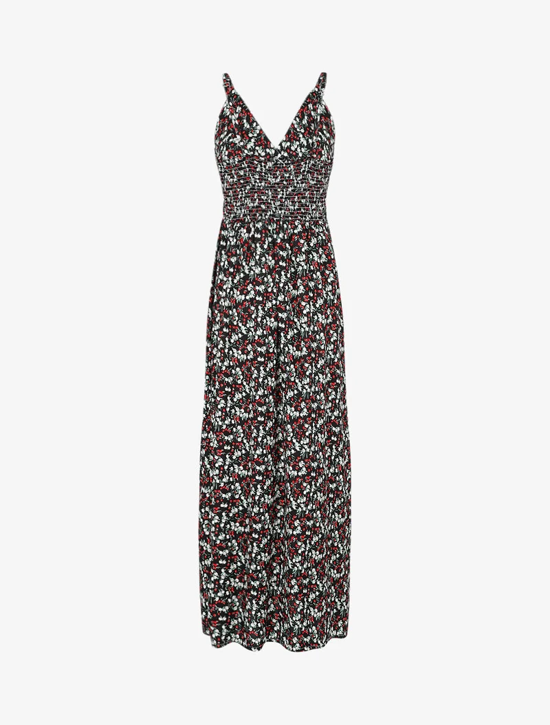 Robe longue cintrée imprimée petites fleurs printanières - Noir