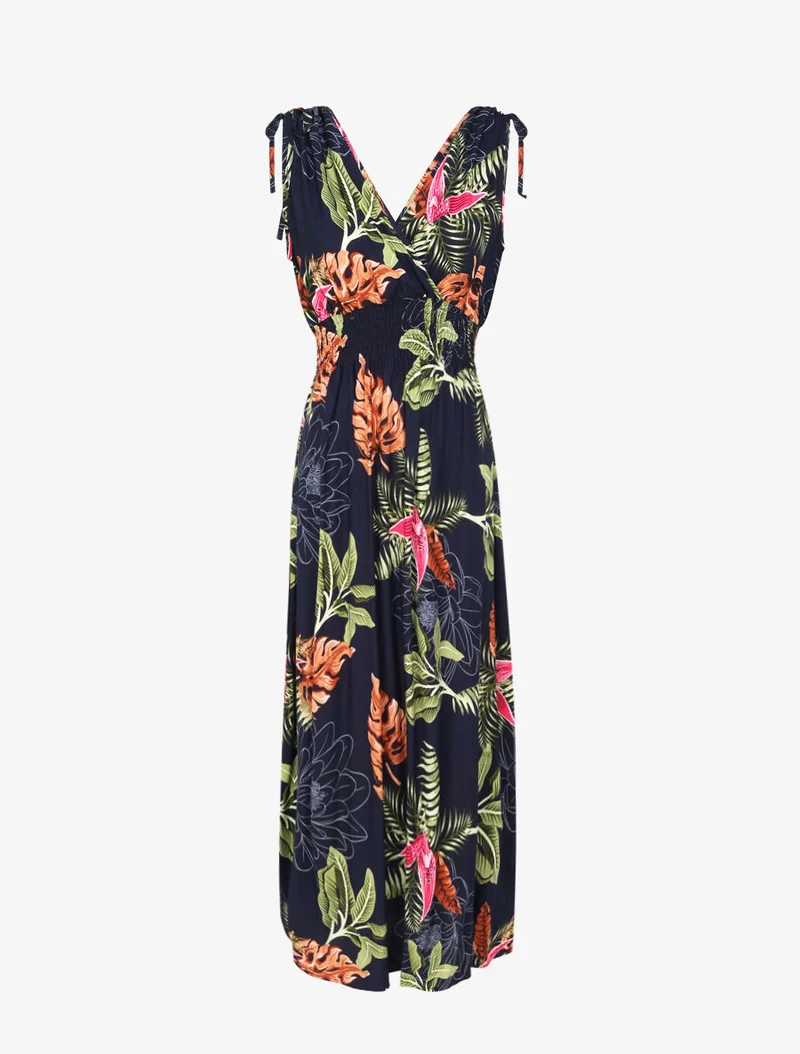 Robe longue cintrée imprimé grandes fleurs tropicales - Marine