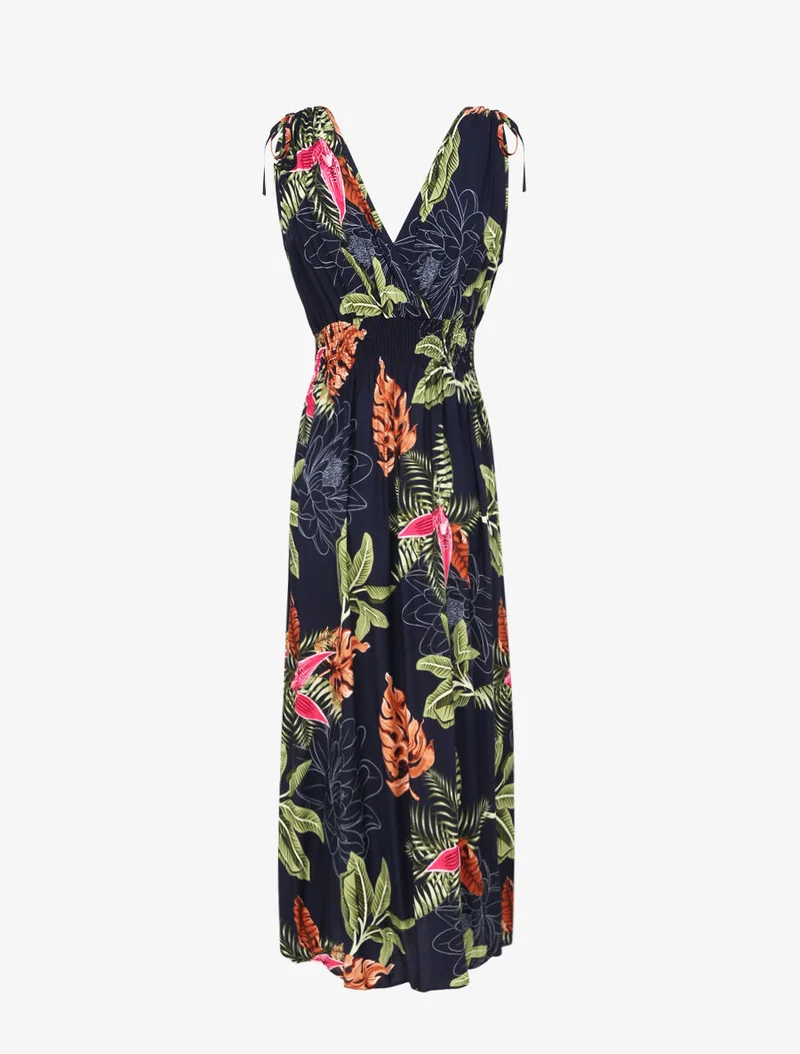 Robe longue cintrée imprimé grandes fleurs tropicales - Marine
