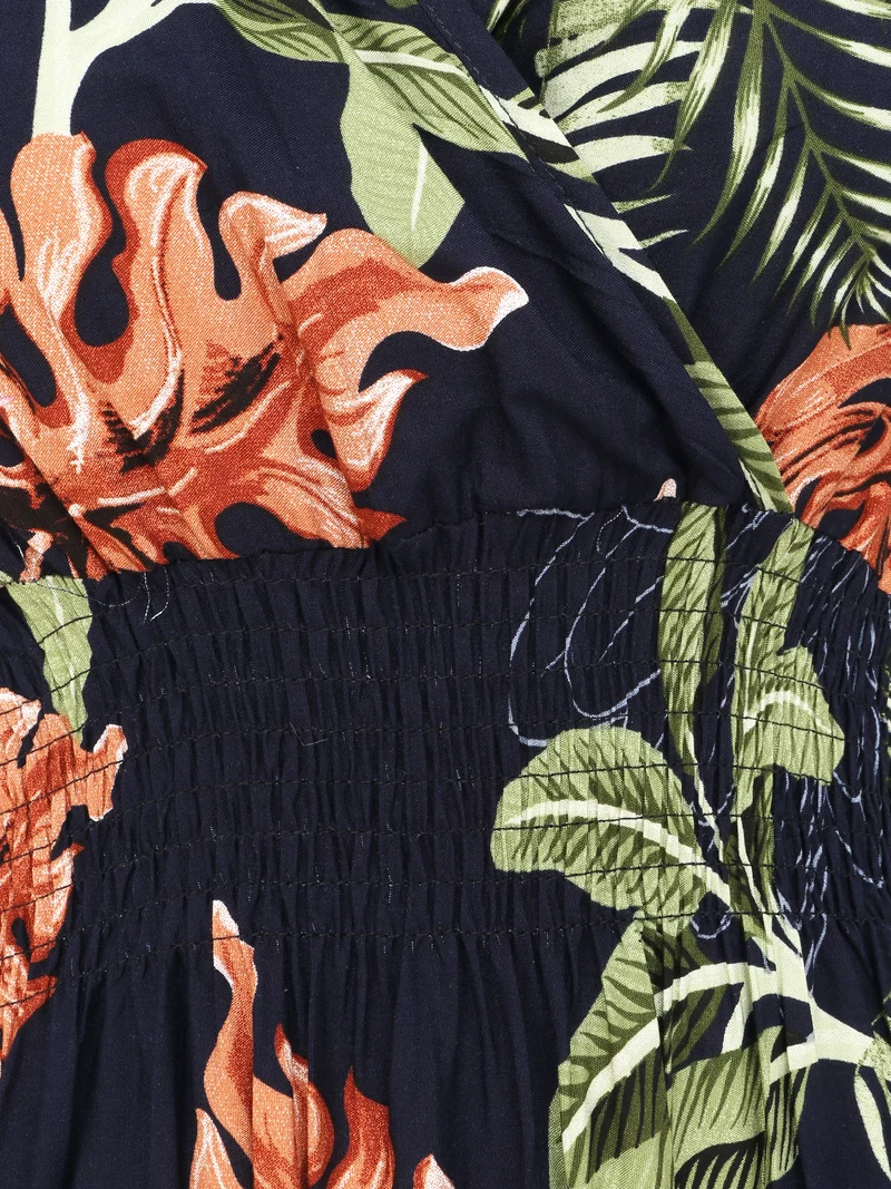 Robe longue cintrée imprimé grandes fleurs tropicales - Marine