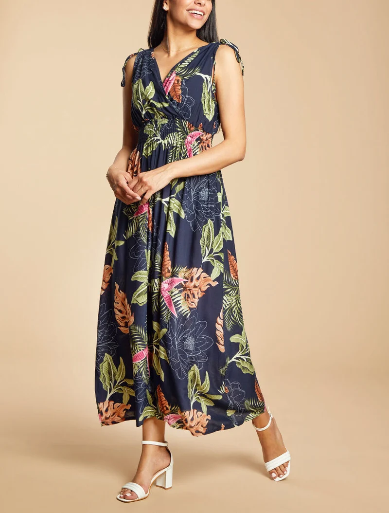 Robe longue cintrée imprimé grandes fleurs tropicales - Marine