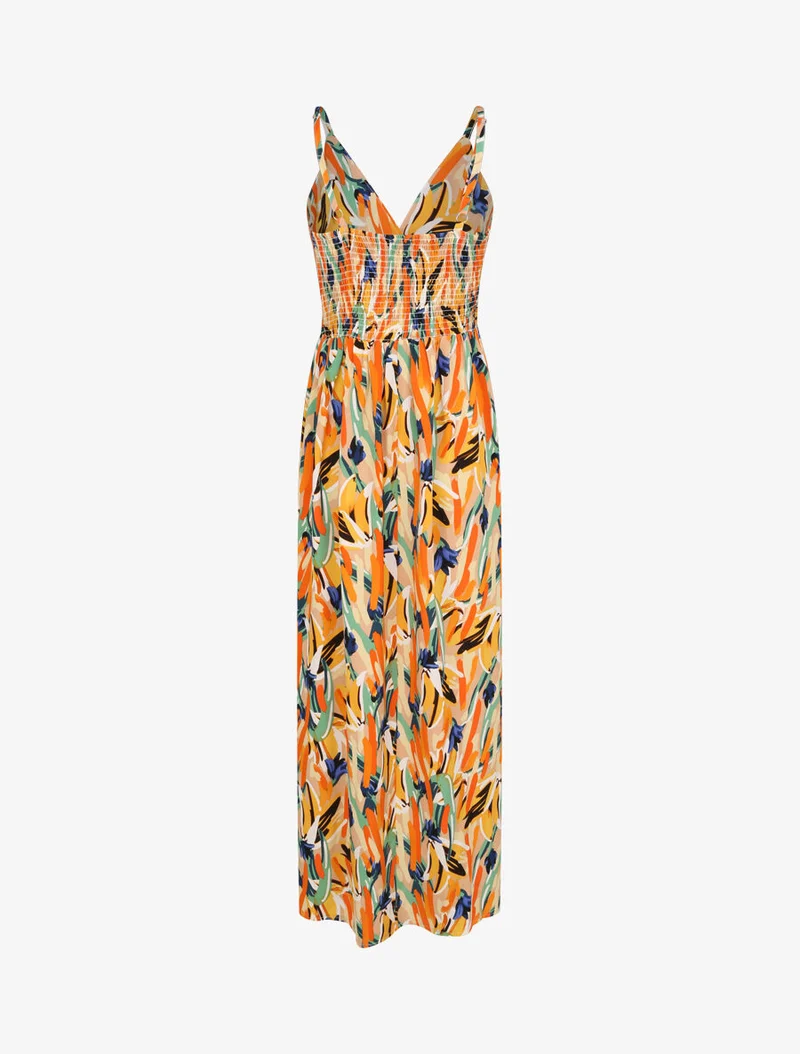 Robe longue cintrée imprimé grandes fleurs - Beige