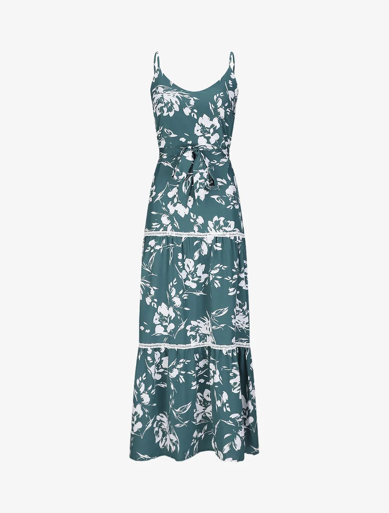 Robe longue patineuse imprimé fleurs contrastantes - Vert