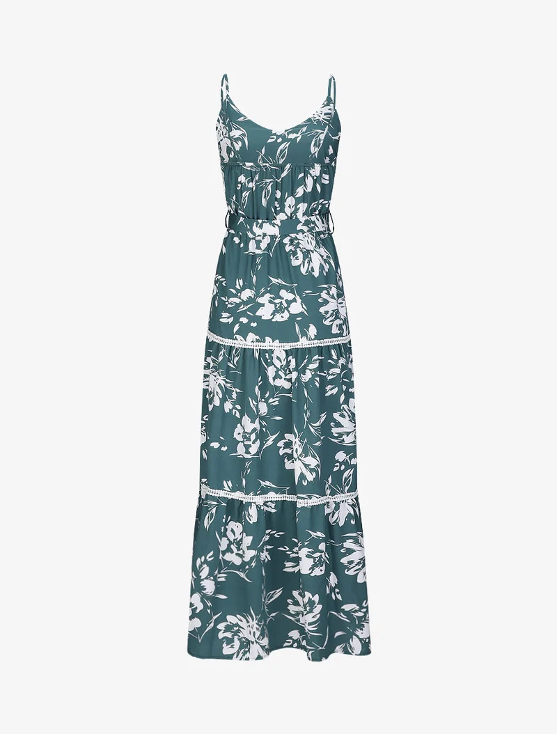 Robe longue patineuse imprimé fleurs contrastantes - Vert