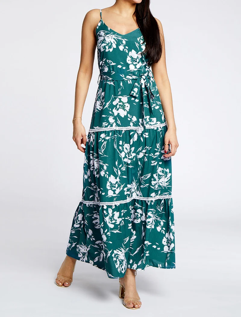 Robe longue patineuse imprimé fleurs contrastantes - Vert