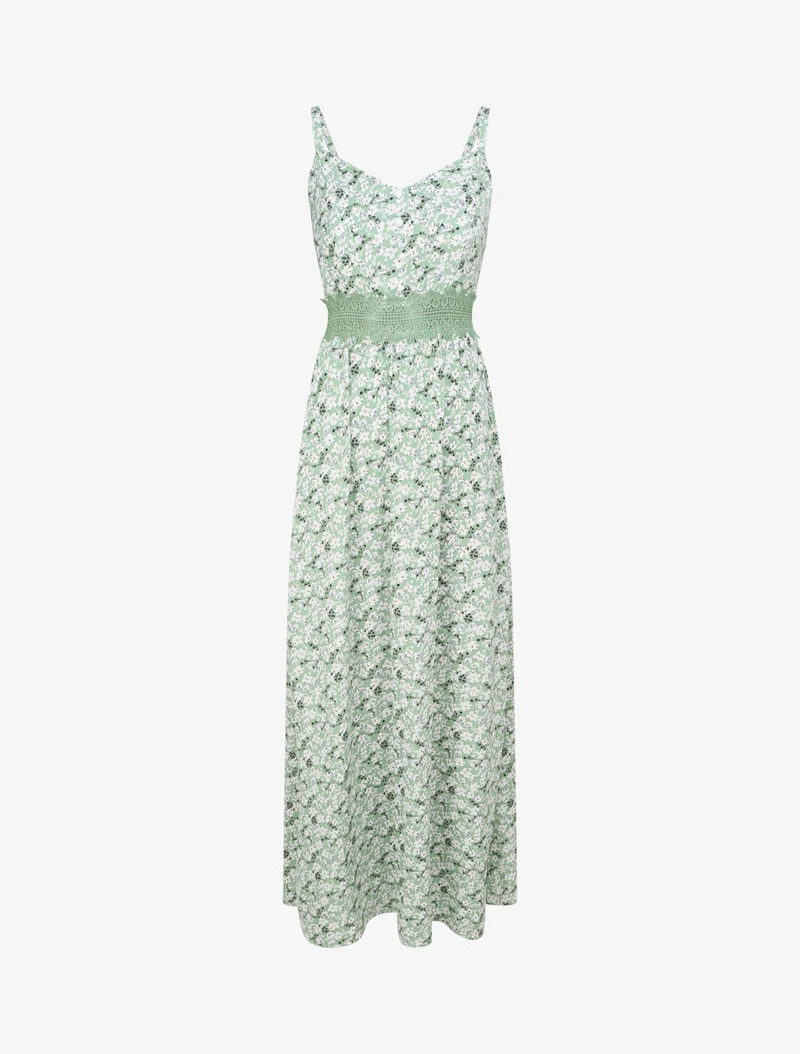 Robe longue imprimée petites fleurs à boutons décoratifs - Vert