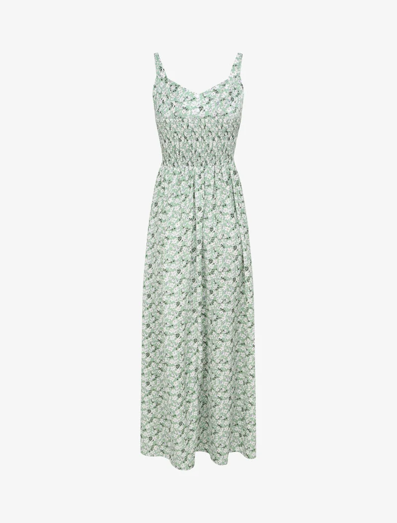 Robe longue imprimée petites fleurs à boutons décoratifs - Vert
