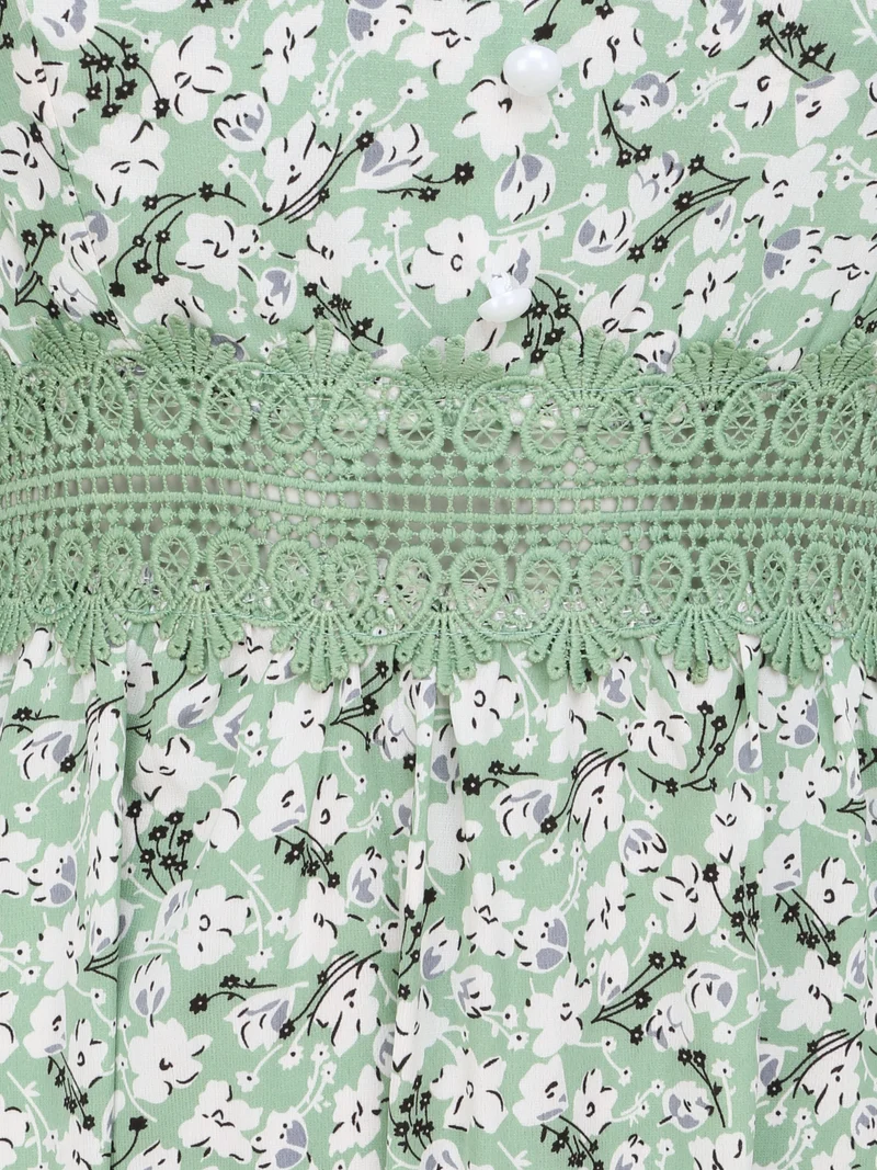 Robe longue imprimée petites fleurs à boutons décoratifs - Vert