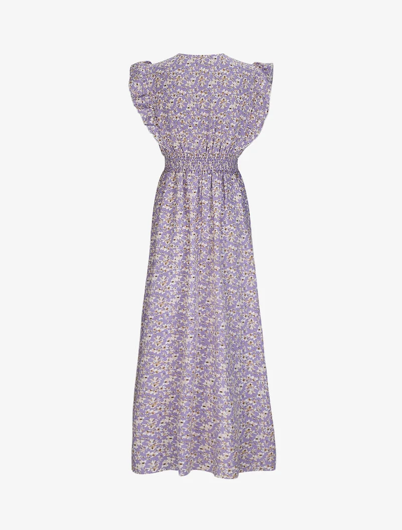 Robe longue empire à épaules volantées imprimé fleurs de cerisier - Lilas