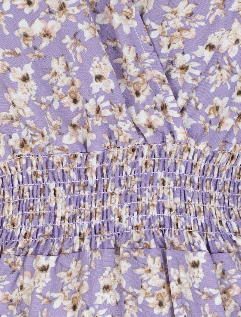 Robe longue empire à épaules volantées imprimé fleurs de cerisier - Lilas