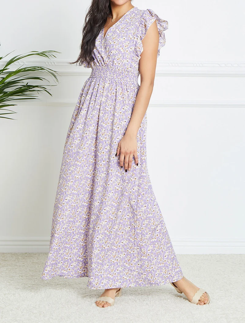 Robe longue empire à épaules volantées imprimé fleurs de cerisier - Lilas