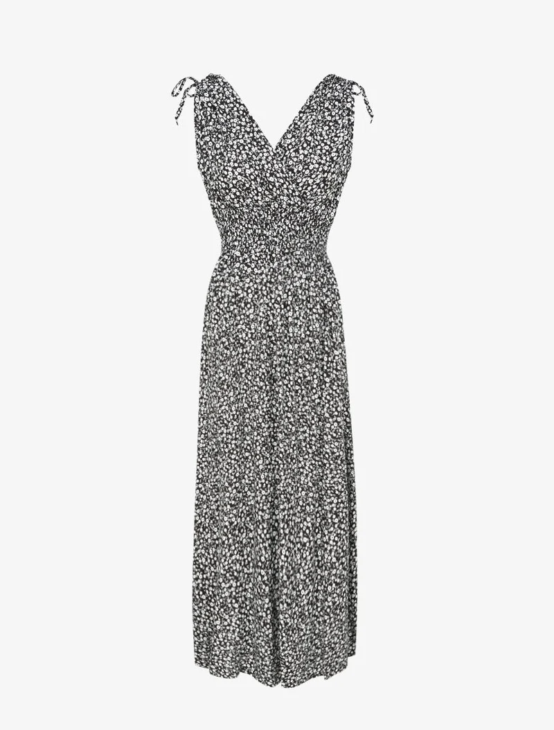 Robe longue cintrée imprimé petites fleurs - Noir