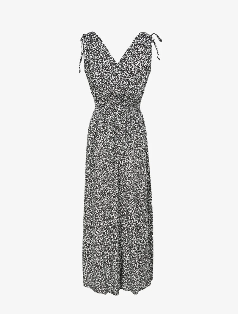 Robe longue cintrée imprimé petites fleurs - Noir