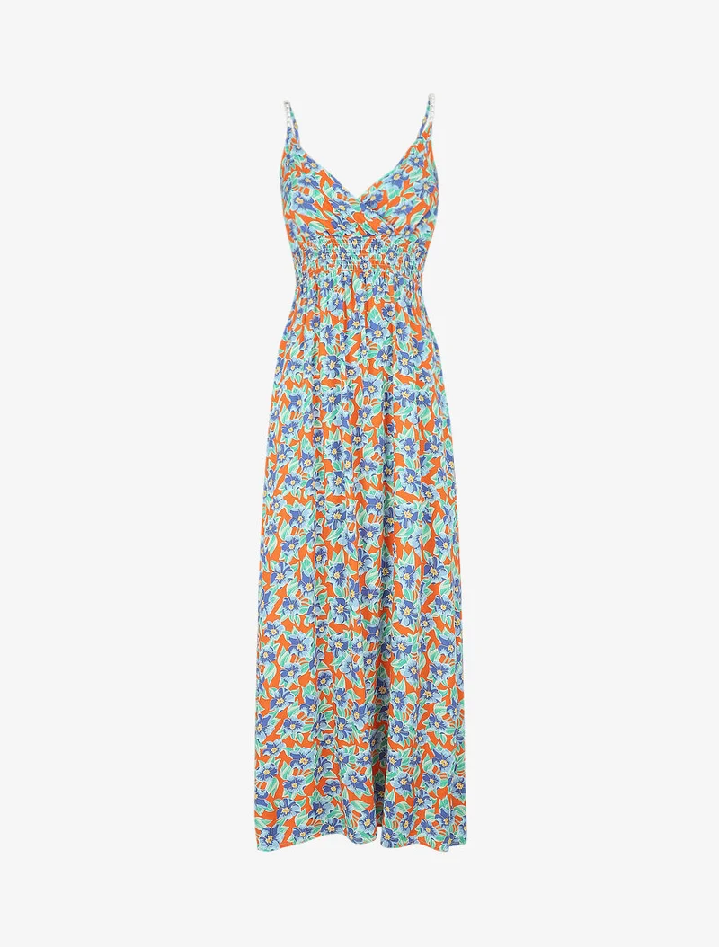 Robe longue empire imprimé fleurs tropicales à bretelles à perles - Orange