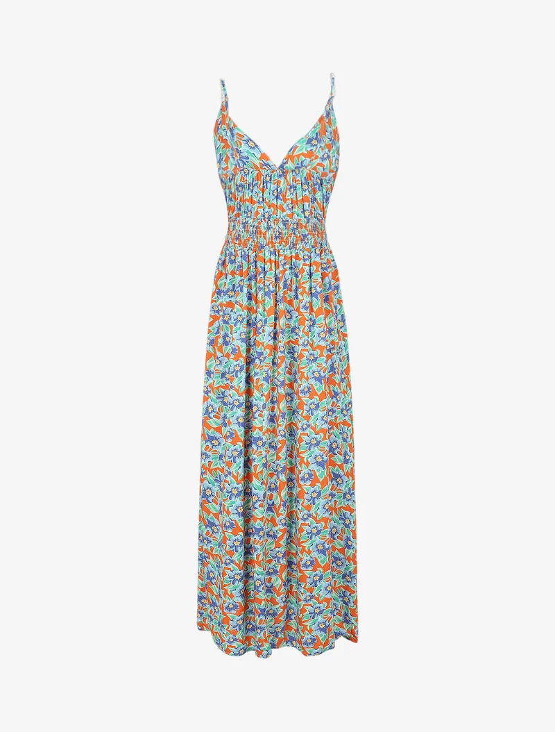 Robe longue empire imprimé fleurs tropicales à bretelles à perles - Orange