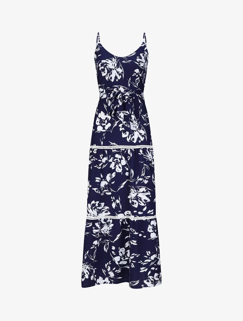 Robe longue patineuse imprimé fleurs contrastantes - Bleu