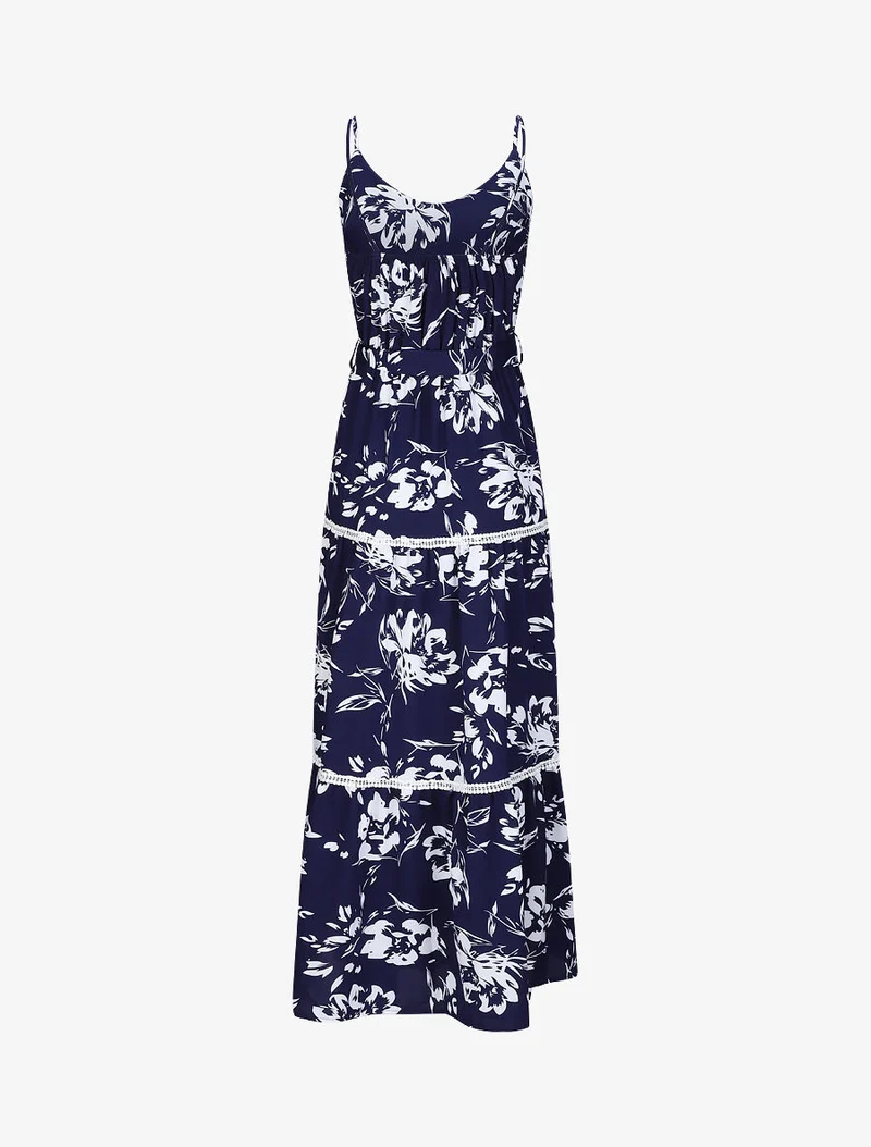 Robe longue patineuse imprimé fleurs contrastantes - Bleu