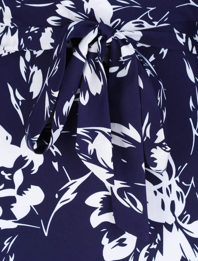 Robe longue patineuse imprimé fleurs contrastantes - Bleu
