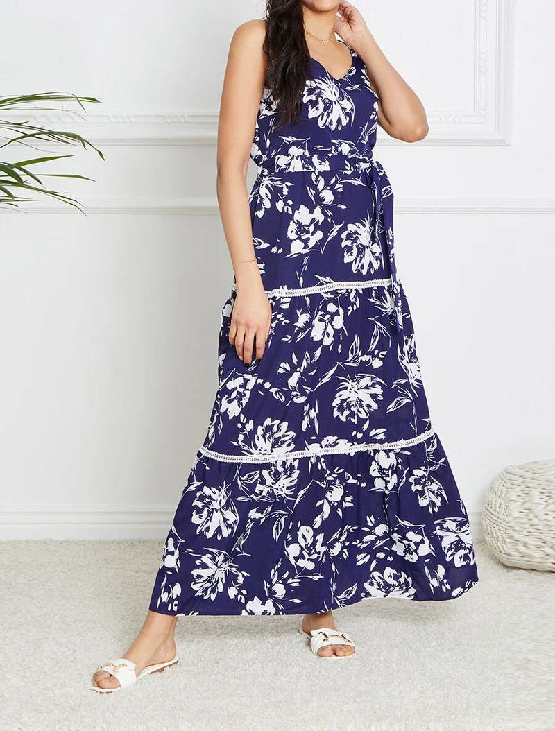 Robe longue patineuse imprimé fleurs contrastantes - Bleu