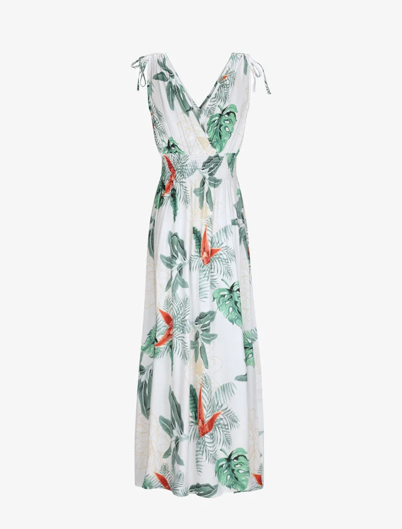 Robe longue cintrée imprimé grandes fleurs tropicales - Blanc